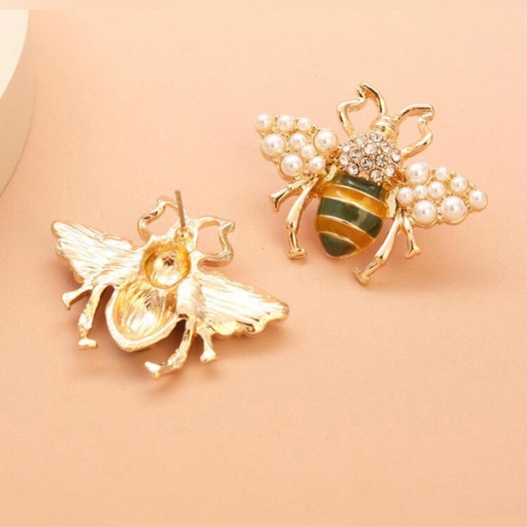 1 Pair Vintage Bee Shaped Earrings With Rhinestone And Faux Pearl, Zinc Alloy - Picture 2 of 4